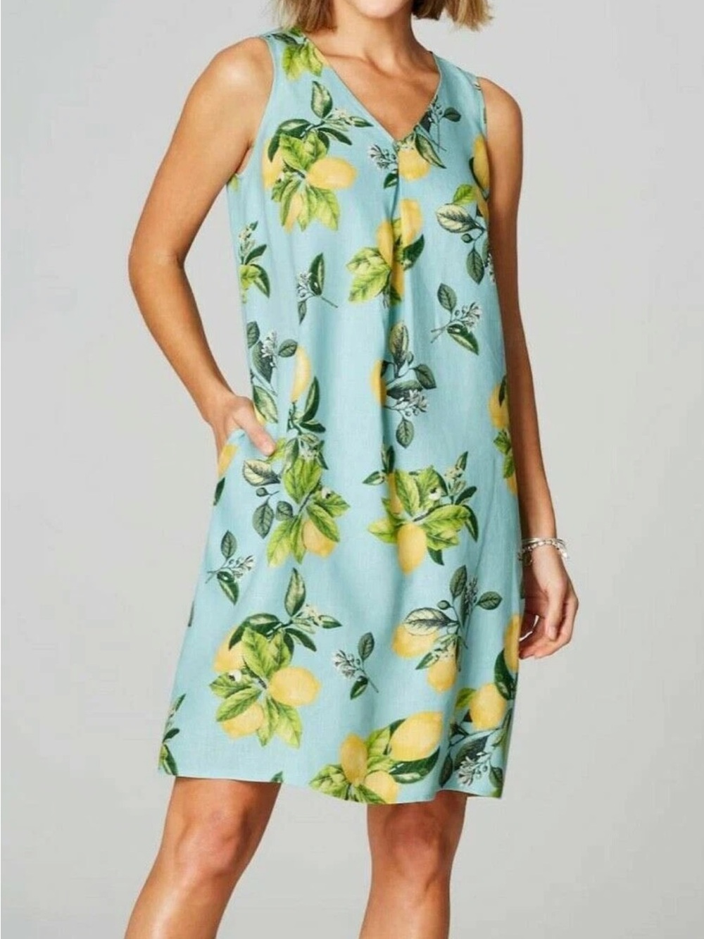 J Jill Love linen Sleeveless Lemon Print Shift Dress in Aqua XL